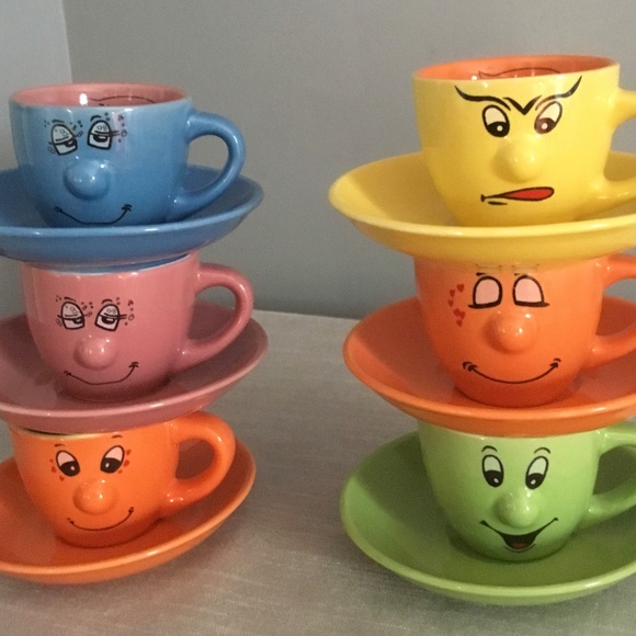 Levtov Silly 3D Whimsical Italian Cappuccino Cups and Saucers Set of 6 - Picture 3 of 8